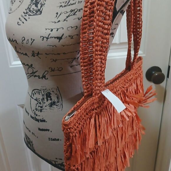 The Last Straw Fringe Straw Tote Bag in Burnt Orange - Picture 4 of 6